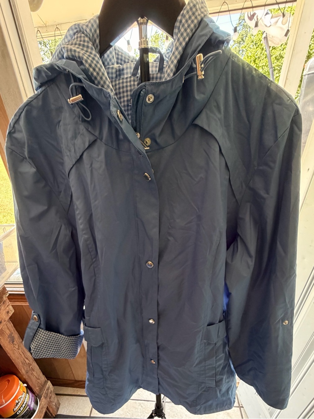 Susan Graver Navy Hooded Trench Coat with Gingham Lining
